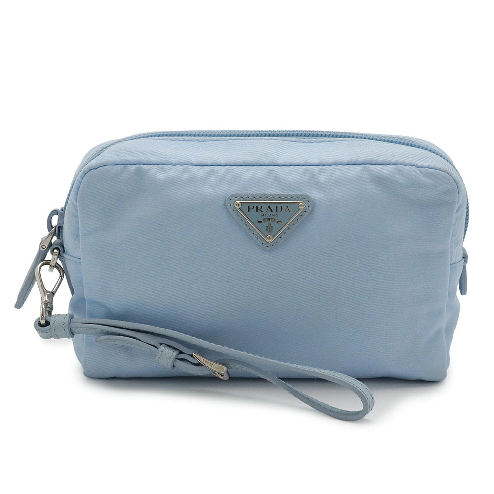 Prada Triangle Wristlet Pouch Clutch Cosmetic Makeup Accessory Case Leather Blue